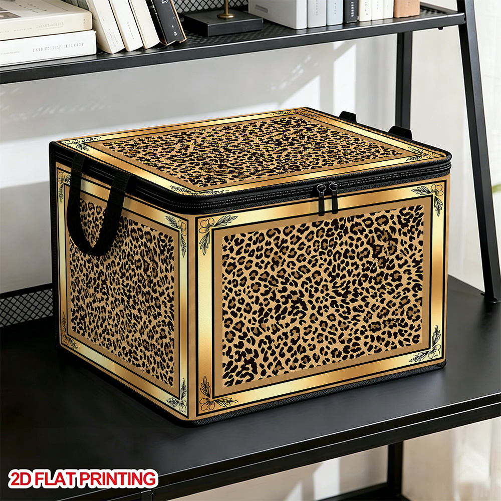 TEMU Boîte de rangement de luxe à imprimé léopard 2D plat - 1 pièce, avec une bordure décorative dorée, grand bac de rangement pliable en tissu à