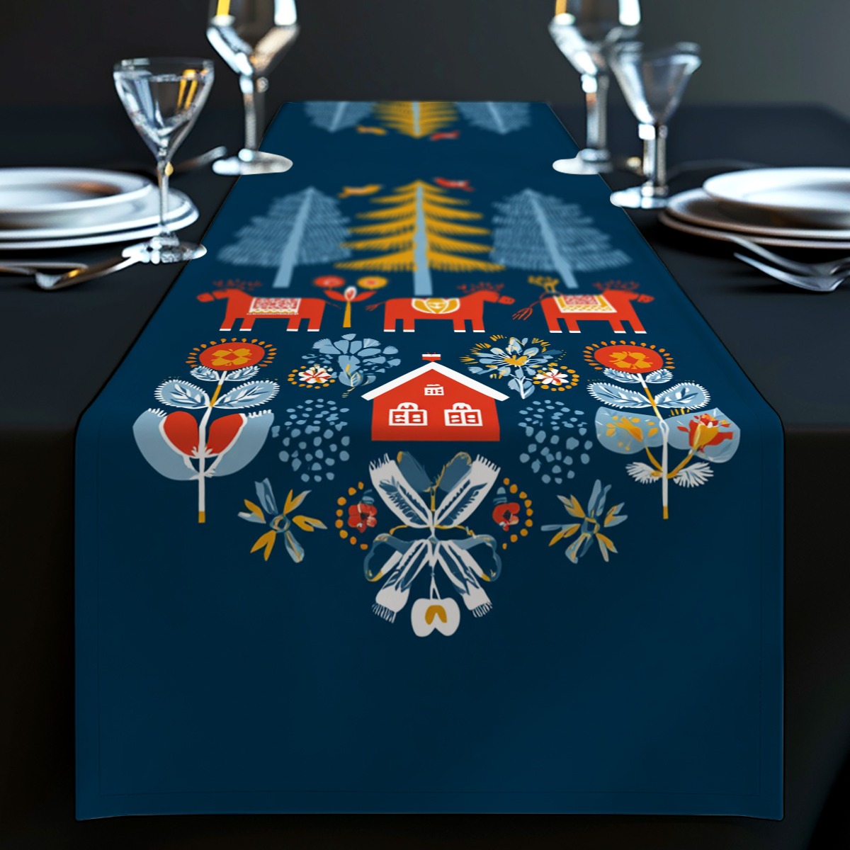 TEMU . Tischläufer aus Polyester mit Blumen- und Rentierdesign, inspiriert von skandinavischer Volkskunst, geeignet für lange Küchen- und Esstische,
