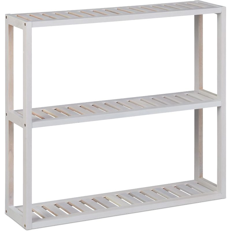 Relaxdays Walnut Wall Shelf, 3 Shelves, Hwd: 54x 60x 15 Cm, Narrow Wooden Shelf For Bathroom, Kitchen, Standing Hanging Shelf, White, Floating Shelves