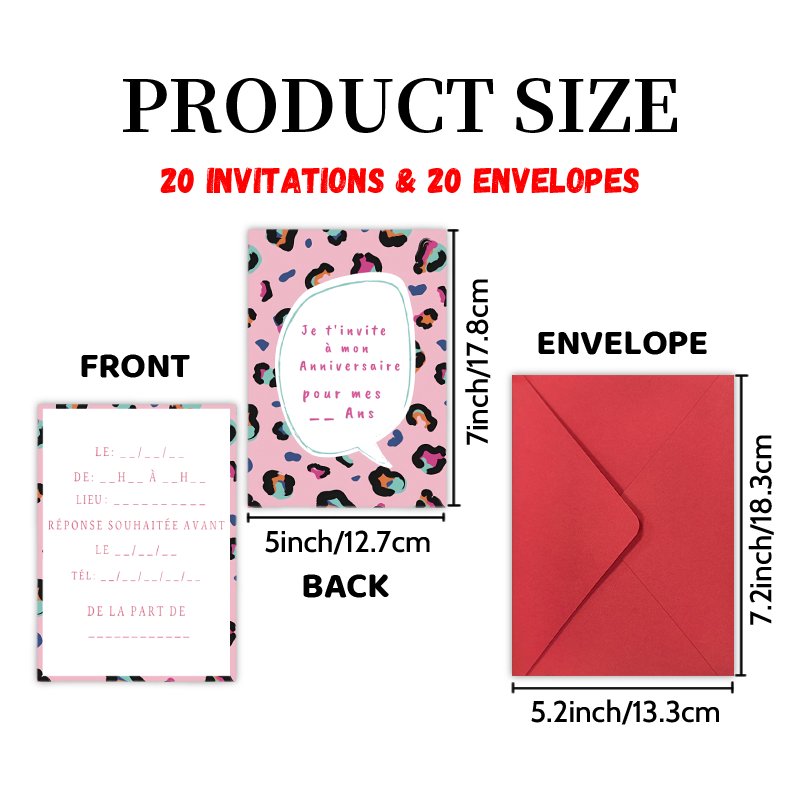 TEMU 20 Invitations de Fête d'Anniversaire avec Enveloppes - Imprimé Léopard Rose, - pour Anniversaires, Réunions, - Élégant en Français, - avec
