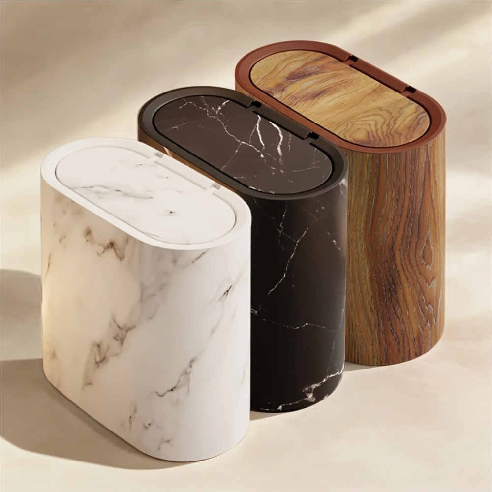 

Modern Marble-texture Press-top Trash Can With Lid - Odor-proof, Pp Material, Ideal For Kitchens, Living Rooms, Offices, And Bathrooms - In White, Black, And Wood Grain