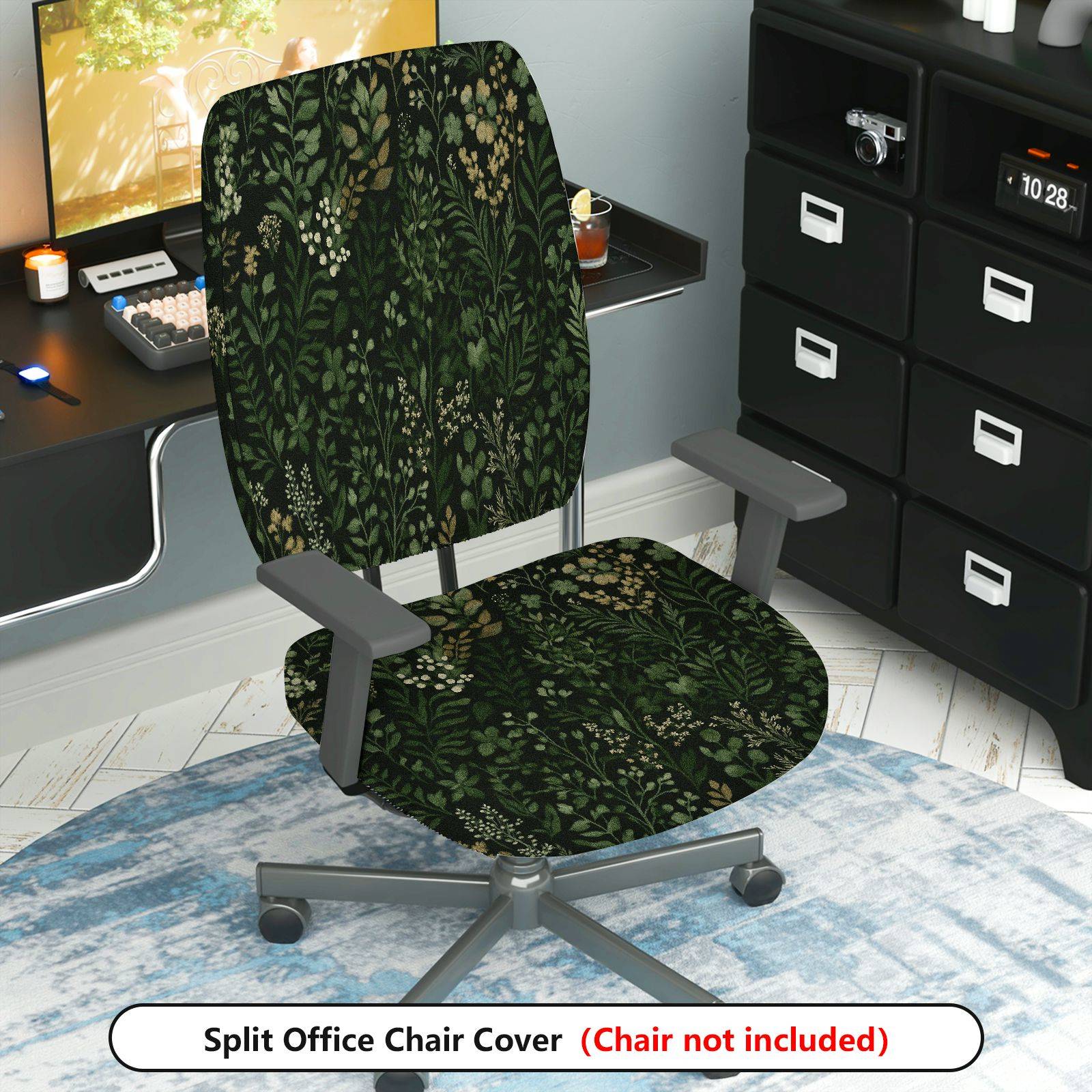 TEMU 2 pièces Housse de chaise de bureau élastique à motif floral vert foncé ( chaise), housse de protection rotative pour table et chaise de Noël,