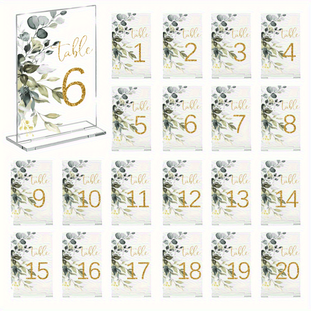 TEMU 20 Elegant Acrylic Wedding Table Numbers 1, 5.12x3.15 Inches - Transparent Centerpieces With Green Leaves And Golden Lettering, Reusable Floral