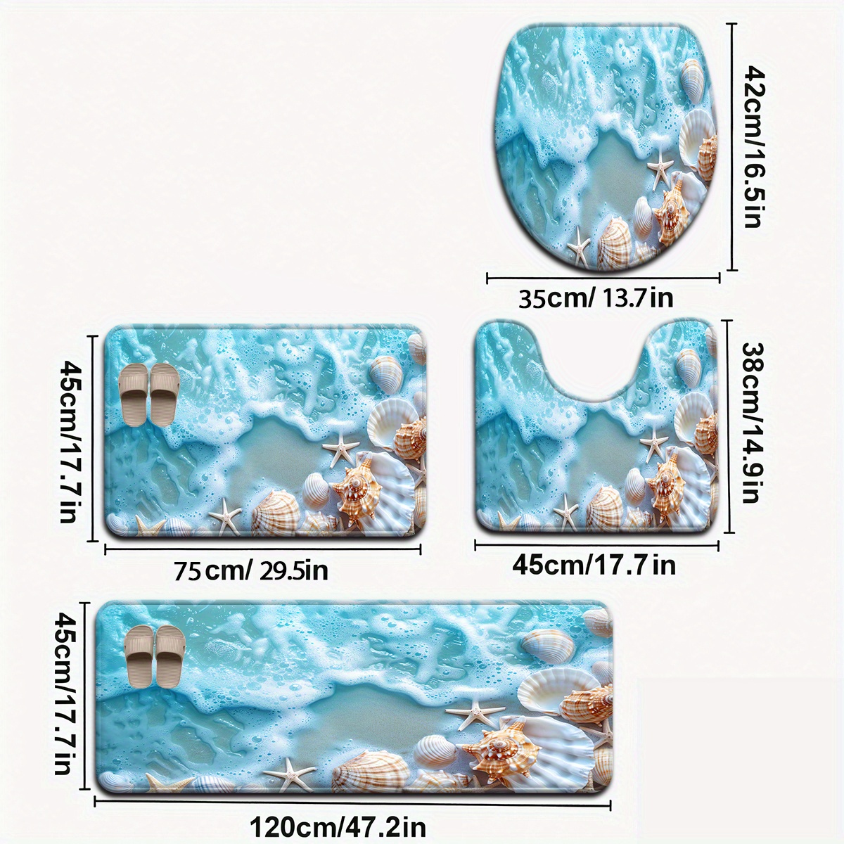 E-shop JT 3-tlg./4-tlg. Badezimmermatten-Set mit Seestern-, Muschel- Schneckenmuschel-Muster, Toilettendeckelbezug Teppich, Badezimmerdekor, U-förmige