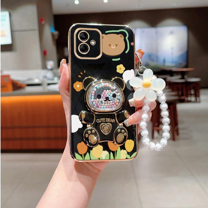 TEMU Phone Case - Flower Wrist Strap Cute Bear Phone Holder Case For Galaxy A06 Galaxya06 Stand Back Cover