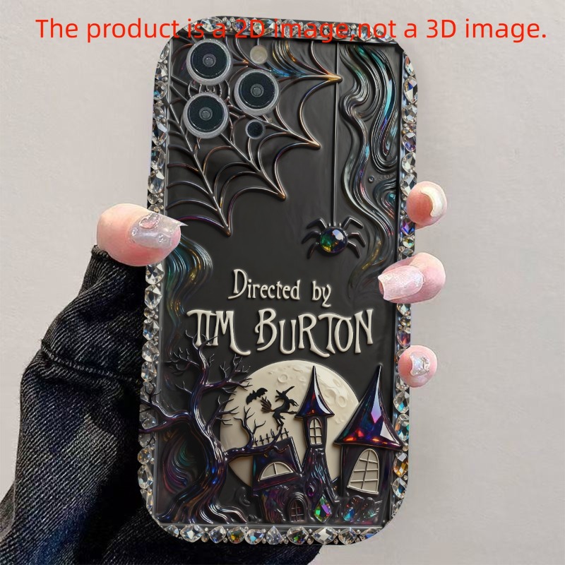 TEMU Phone Case - 2d Flat Warner . Style Halloween Scene With Spiders, Witch, And Gothic Castle 2d Phone Case, Compatible With Iphone 17, 16, 15, 14,