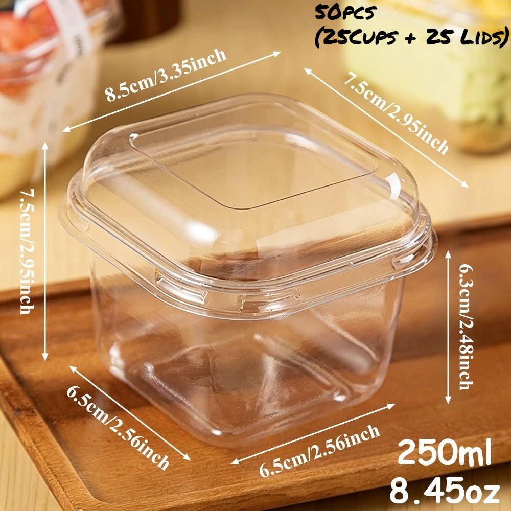 TEMU Set Of 50pcs (25 Cups And 25 Lids) Sturdy Reinforced Square Transparent Dessert Cups With Lids, Containers For Tiramisu, Mousse, Pudding, And
