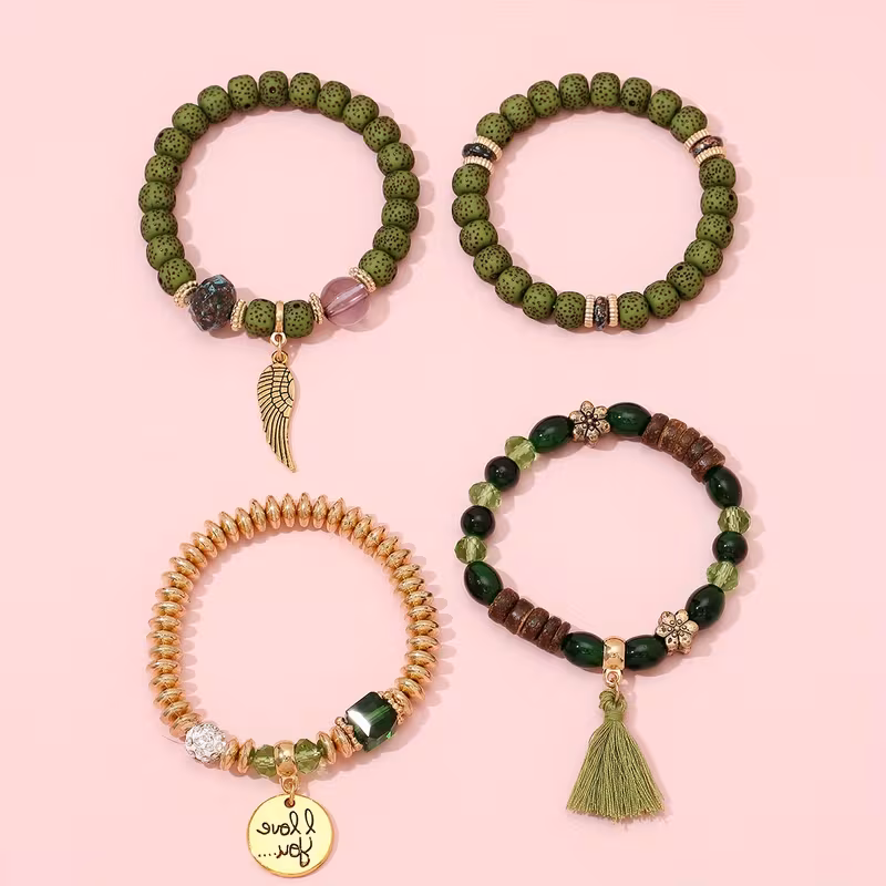 set of 4 mens bohemian vintage tassel elastic bracelets with wings and i love you pendant suitable for everyday wear or holidays perfect as a gift for special occasions details 3
