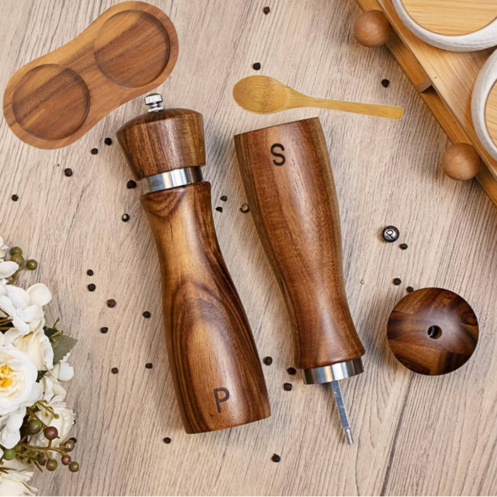 salt and pepper grinder set salt grinder refillable with wooden trays and spoon with adjustable salt and pepper mills for adjustable coarseness suitable for kitchens restaurants holiday gifts christmas gifts 4pcs Product details 0