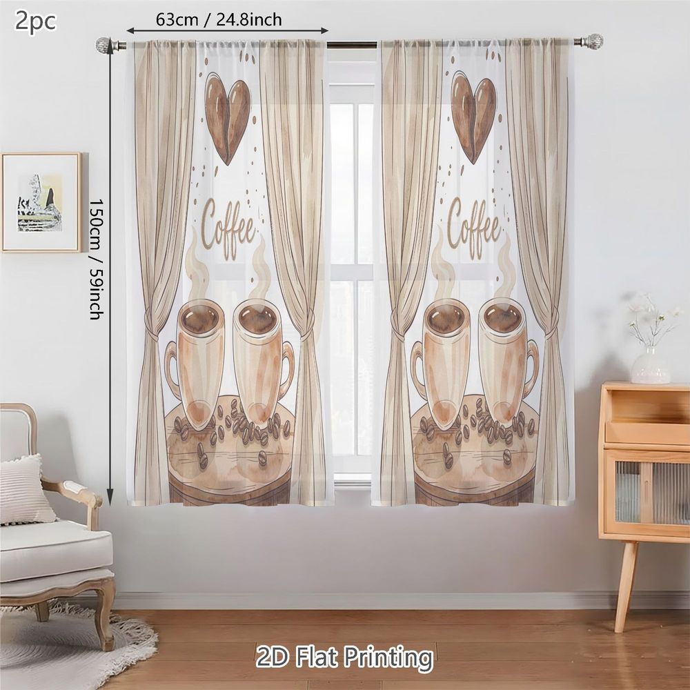 TEMU 2D Flat - 2D Flat - Set di due tende leggere per e l'estate, con tazze da caff癡 ad caldo ornate con eleganti lettere 'Coffee', per cucine, bar,