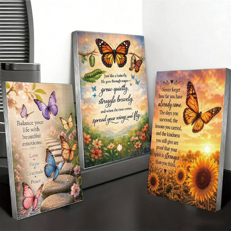 TEMU 3 Kits de Peinture Diamant Inspirants Papillon Art Diamant Perforé Complet, Art Mural en Strass Fait Main, Paysage Floral de Vertical Cadre,