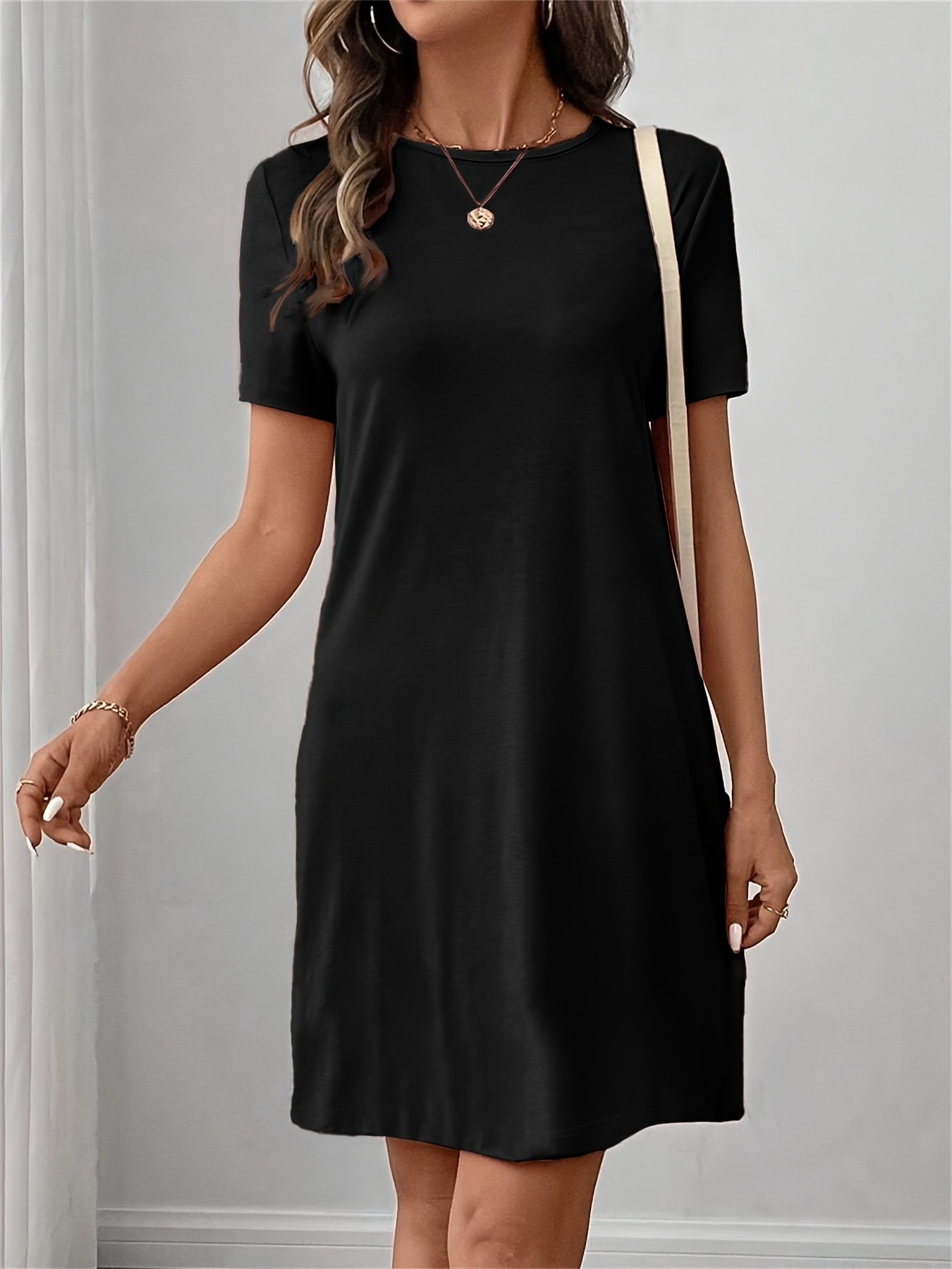 European and * * Summer Women'S Casual Round Neck Short Sleeve Solid Color  T-Shirt Dress