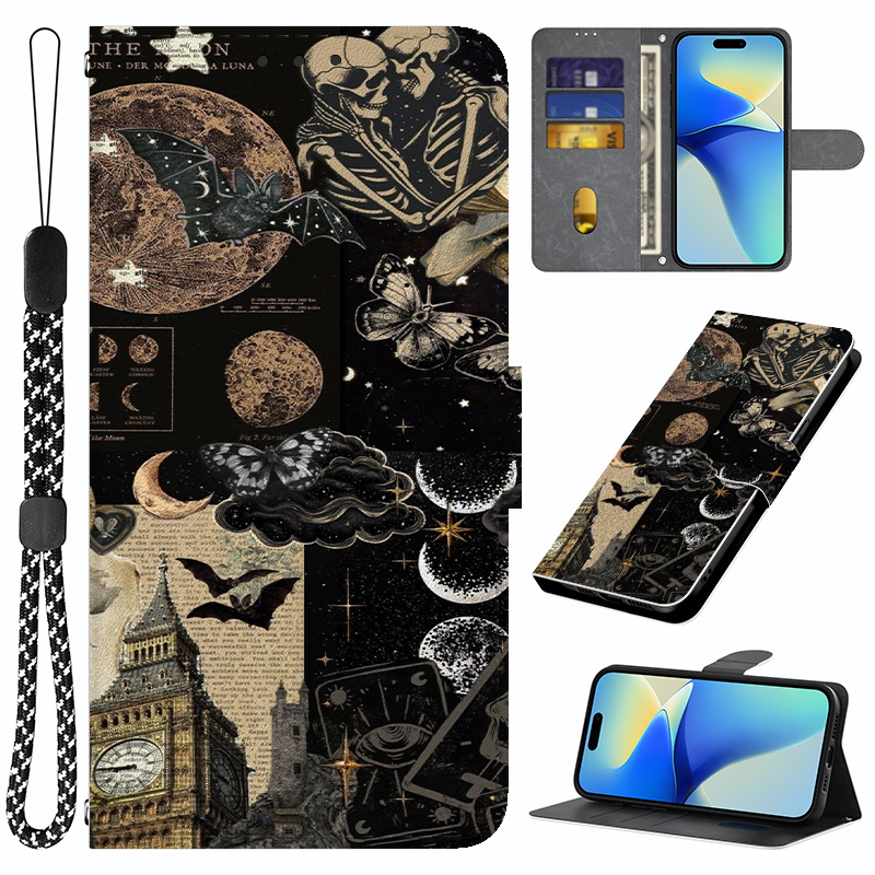 item picture phone case moon and   pattern phone case wallet case compatible with galaxy s20 s20 fe s20 fe 5g s20 lite s20 s20 ultra s20 fe 2022 s21 5g s21 fe 5g s21 5g s21 ultra 5g s22 5g s22 5g s22 ultra 5g s23 s23 fe s23 s23 ultra s24 s24 fe s24