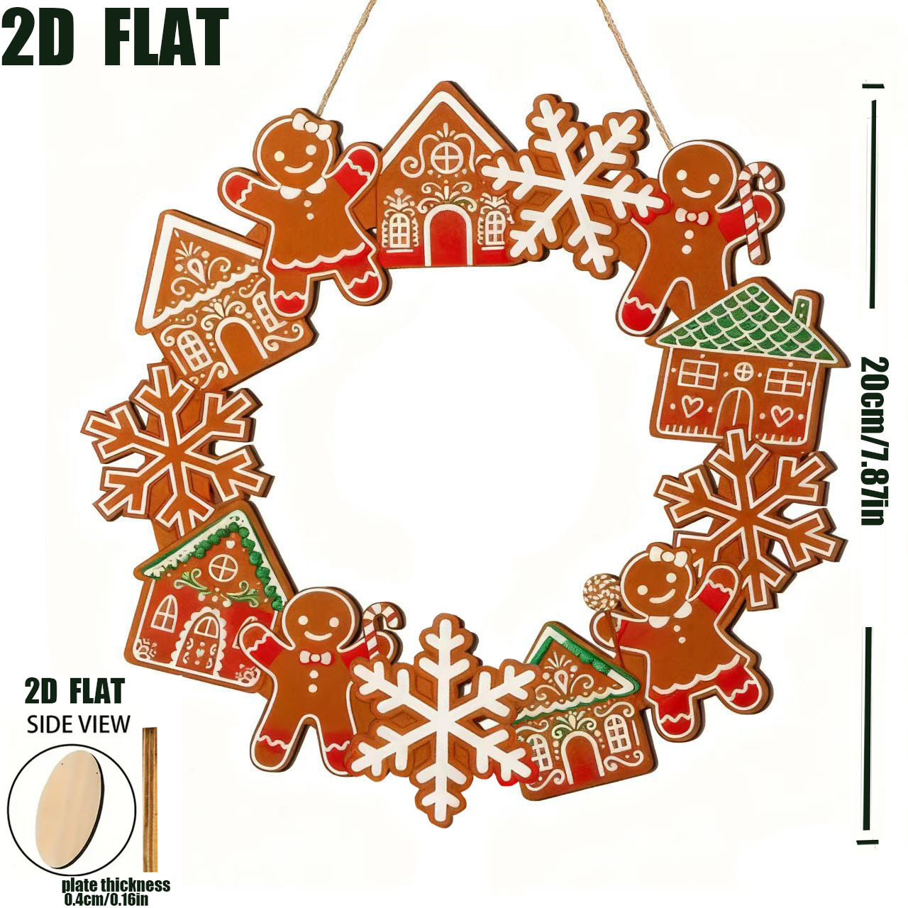 TEMU 2d Flat - 2d Flat - 2d, A Christmas Gingerbread Wreath Wooden, Rustic Wooden Door Pendant, With Snowflakes And Gingerbread Men, Suitable For