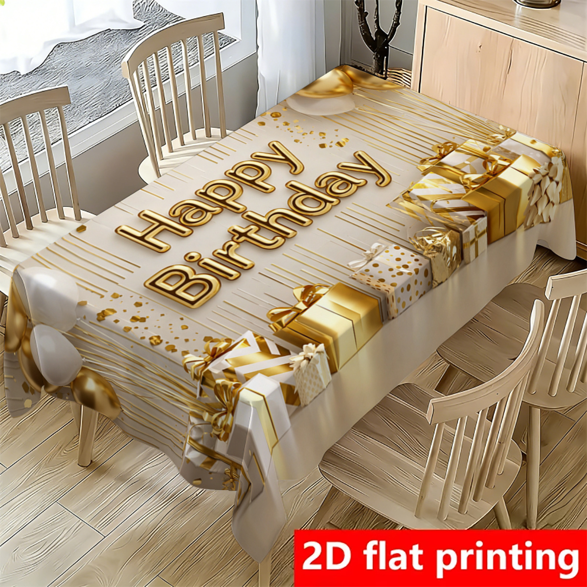 TEMU 2d Flat 1pc Balloon Gift Box And "happy Birthday" Lettering Decorative Printed Pattern Tablecloth, Rectangular Tablecloth, Party Birthday