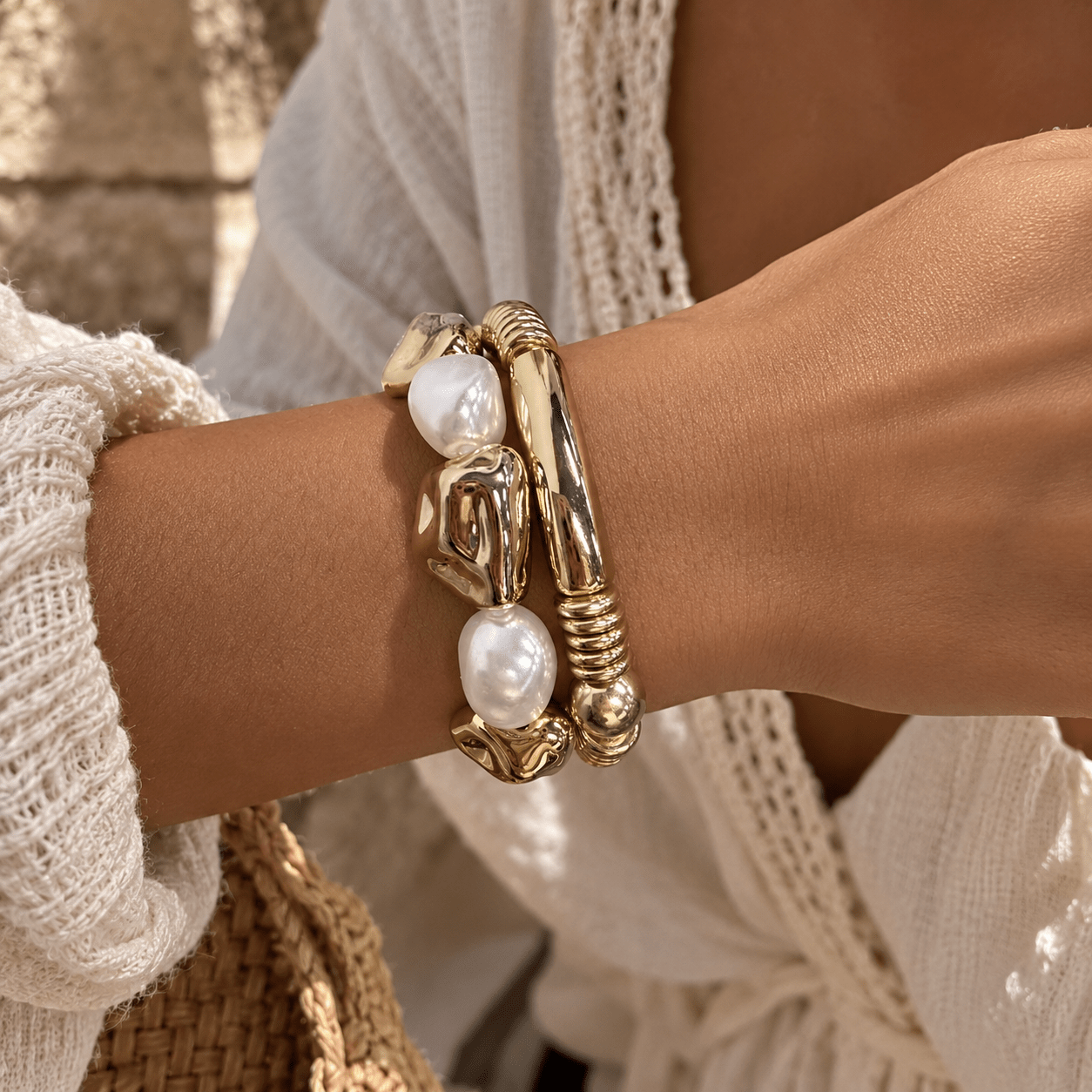 2pcs Chunky Bracelet Set for Women, Vintage Statement Style