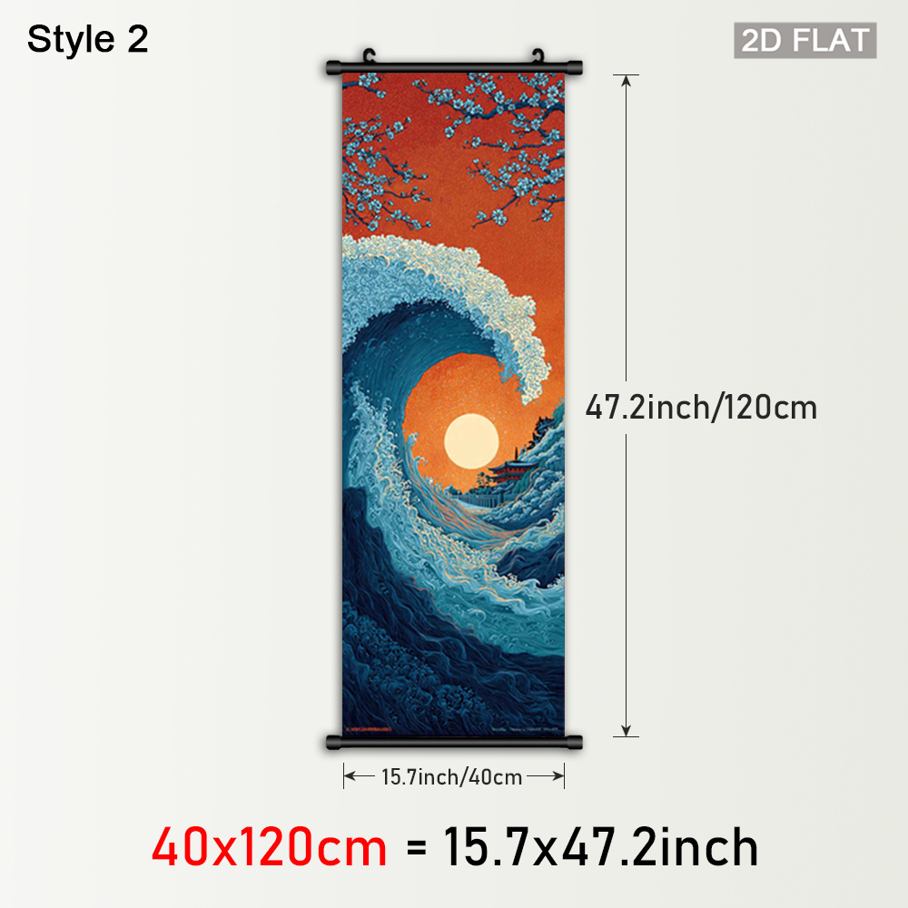 TEMU 2d Flat, 1pc Zen Landscape Framed Scroll Wall Art - Vertical -e Inspired Plastic Frame With Hanger, Cherry Blossoms, & Great Wave-like Canvas