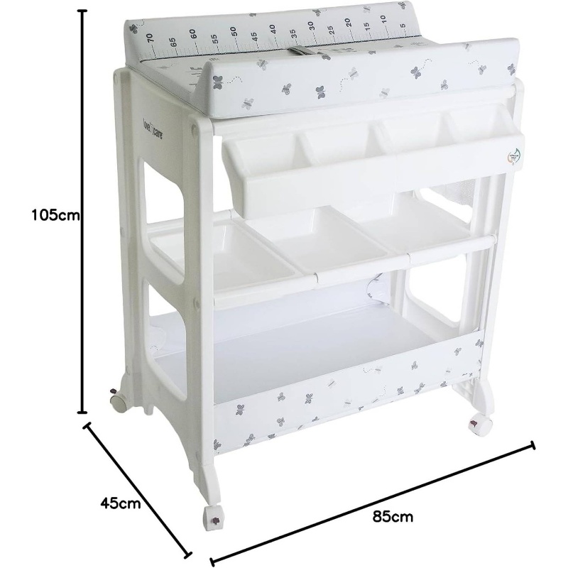 Little Farm Change Table with Adjustable Harness, Lockable Castors & Removable Bathtub - Heavy-Duty Non-Wood Diaper Changing Table for, ' Bathroom - Lockable Pad & Sturdy Frame