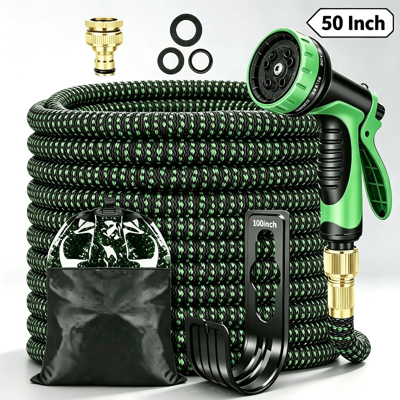 TEMU Non-expandable Garden Hose With 10-function Spray Nozzle, Lightweight Durable Water Pipe For Yard Lawn Car Washing Outdoor, 25ft/50ft/100ft