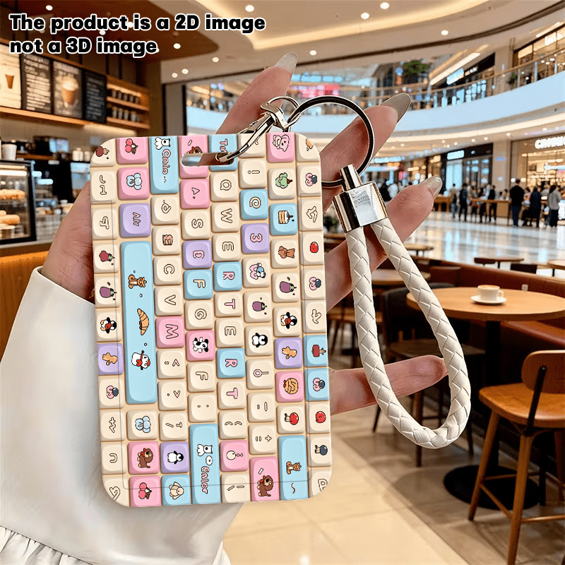 TEMU 2d Flat Cute Cartoon Style Keyboard Pattern Women's Bus Card Case With Lanyard Portable Card Holder Id, Work Card Case Suitable For Office And
