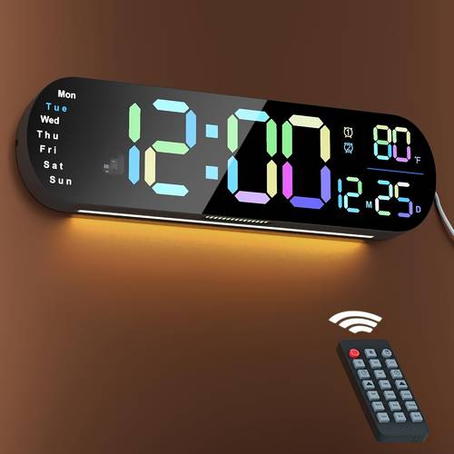 large digital wall clock with remote control 13 7 auto brightness 9 rgb ambient light dual alarm clock timer 12 24h mode temperature for bedroom wall decor gift for black