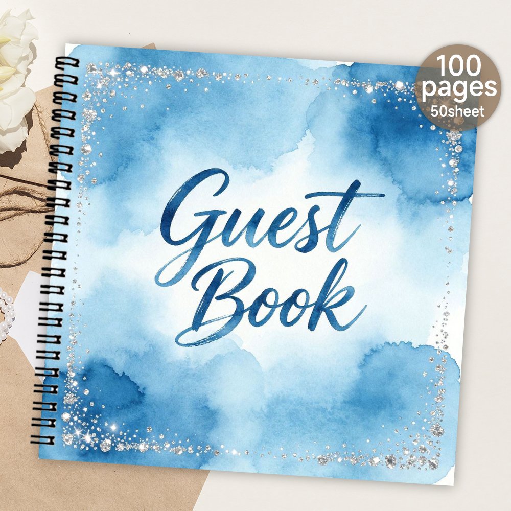 TEMU 1pc Spiral Guestbook, Blue Watercolor Cover Blank Page Guest Book, Guest Message & Signature Book, Meaningful Gift & Souvenir Album For Family &