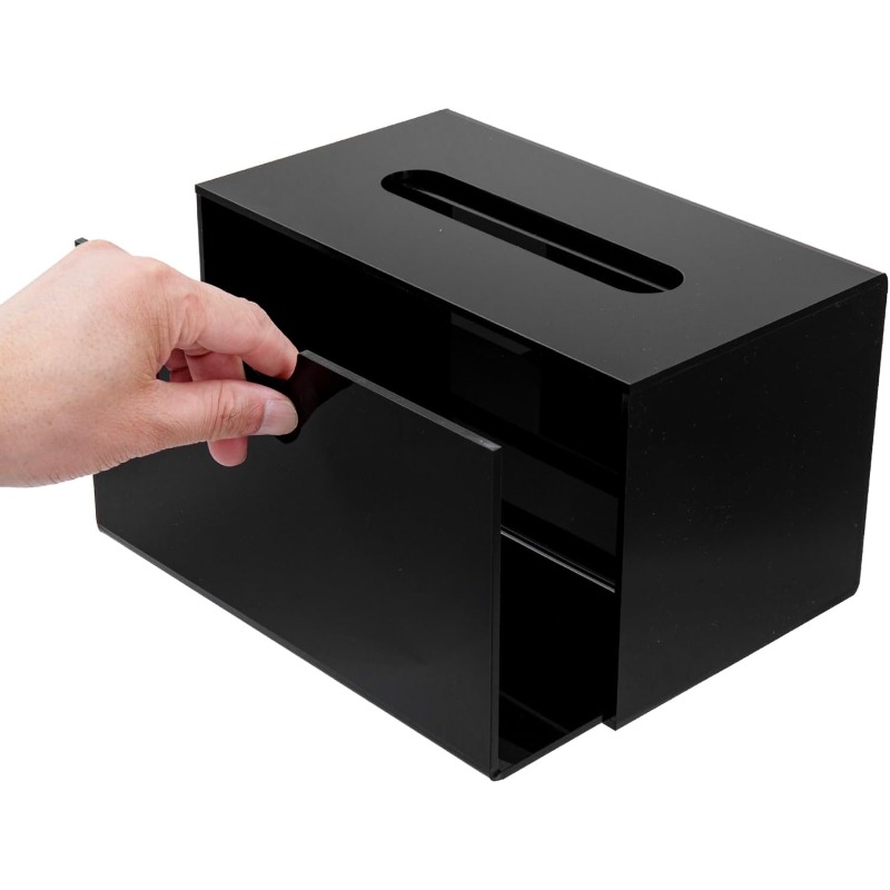 modern black glossy acrylic tissue box dispenser with slide-out holder & refillable drawer-like design - rectangular bathroom/office/ vanity storage, space-saving tissue dispenser with    ,     &   pads - minimalist  , easy-  (compatible with tissues not included) - sleek rectangular tissue box cover with slide-out panel, tissue holder bathroom Product details 4