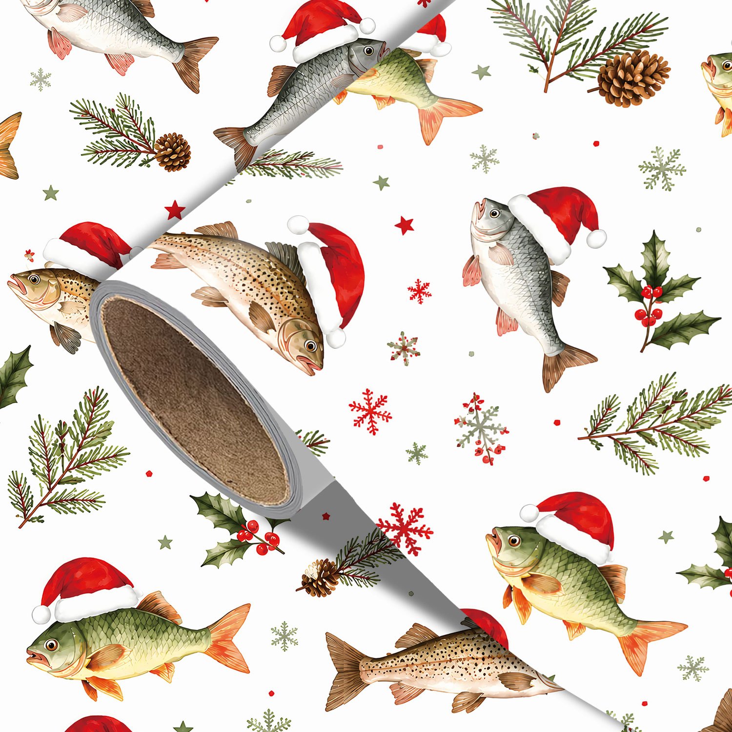 TEMU Weihnachts-Fisch-Geschenkpapierrolle - 17,7 x 118 Zoll, einzigartiges Weihnachtsgeschenkpapier mit Weihnachtsmann-Fisch, Kiefernzweigen,