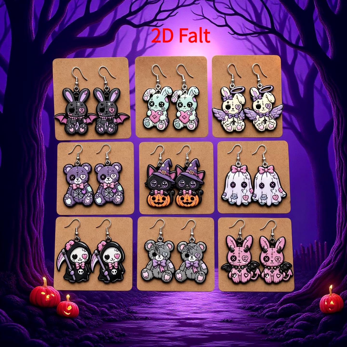 TEMU 2d Flat Acrylic Ear Jewelry, 9 Pairs 18pcs Gothic Cartoon Acrylic Earring Set, Suitable For Halloween And , Dark Style Teddy Bear And Rabbit