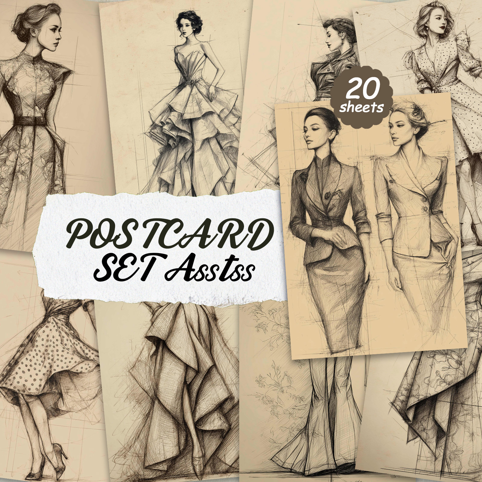 TEMU Set van 20 Diverse Vintage Mode Postkaart Schetsen uit de jaren 1950, Afmeting 4x6 inch. Ideaal voor Retro Junk Journals, met Klassieke