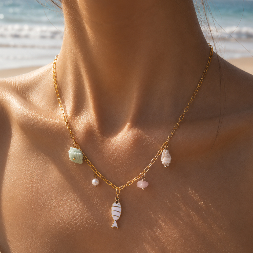 TEMU Cadena de clavícula bohemia con colgante de pez pequeño, 1 pieza, collar de moda para mujer para vacaciones en , fiestas y como regalo para