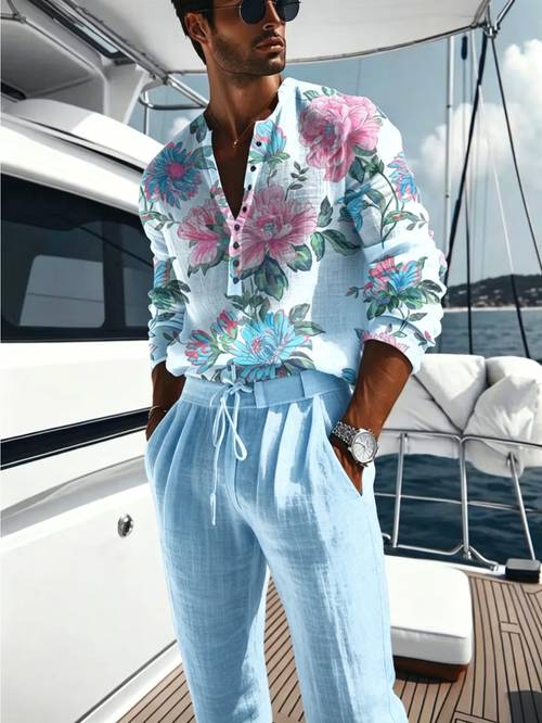 mens two piece set retro print long sleeve half button shirt with drawstring waist and casual wide leg trousers yacht and beach vacation outfit