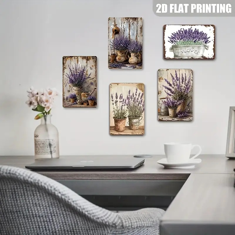 TEMU 2d Flat, 5pcs Vintage Lavender Floral Wooden Wall Decor Signs - Farmhouse Style, Rustic Cottage Design With Vintage Floral Patterns - Perfect