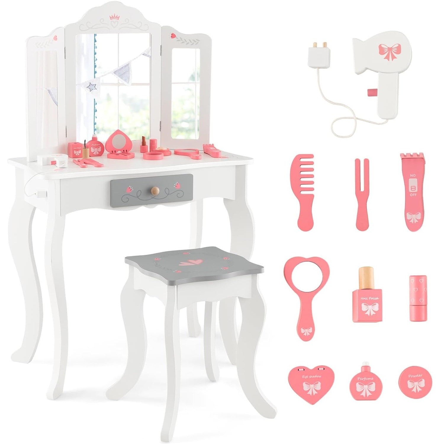Image of Kids Vanity Set, 2-in-1 Princess Makeup Table & Chair Set With Tri-folding Mirror, Storage Drawer & Sweet Accessories, Pretend Play Vanity Set