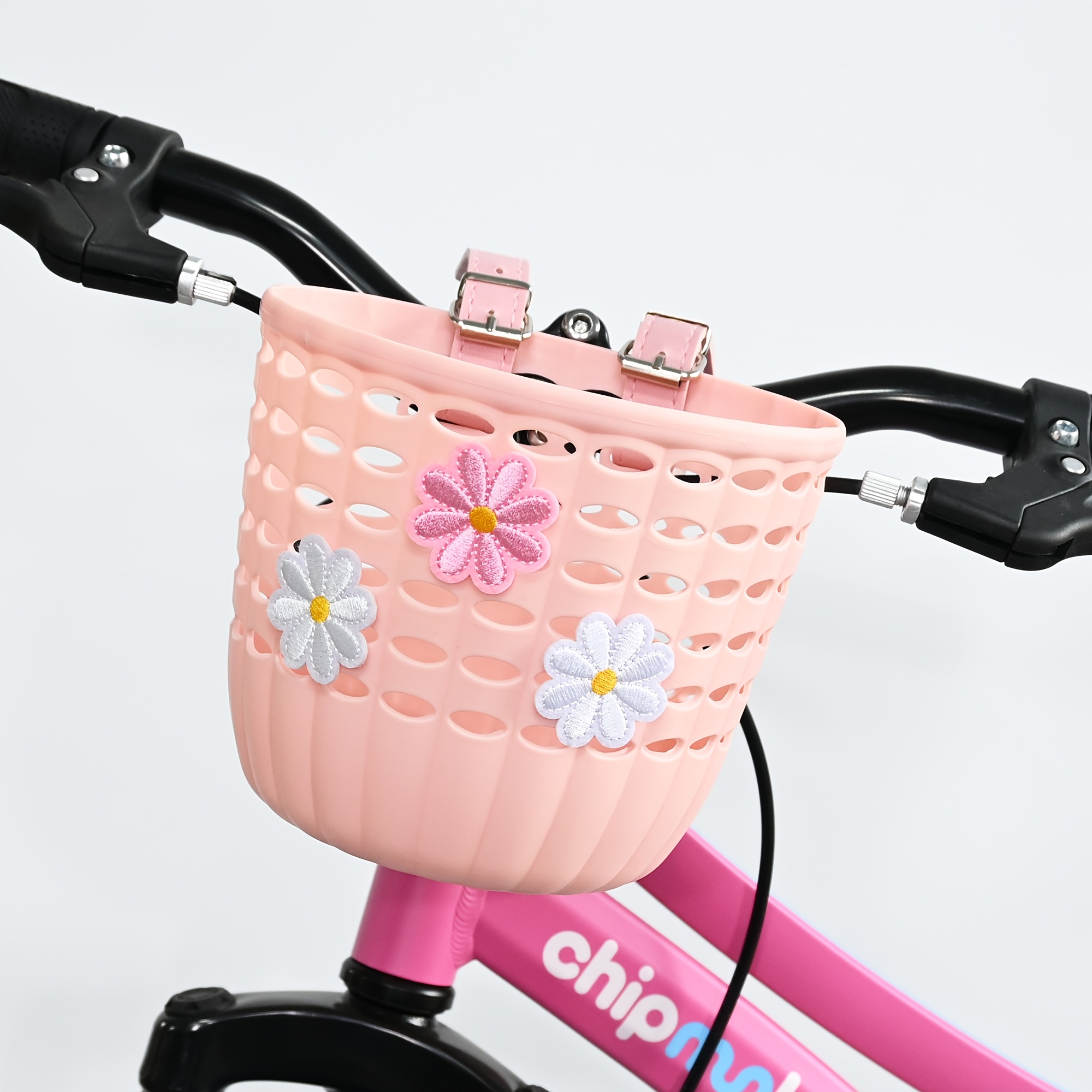TEMU 1 Cesta delantera de plástico para bicicleta decoraciones de flores gratuitas, cierre de correa, para desplazamientos, para