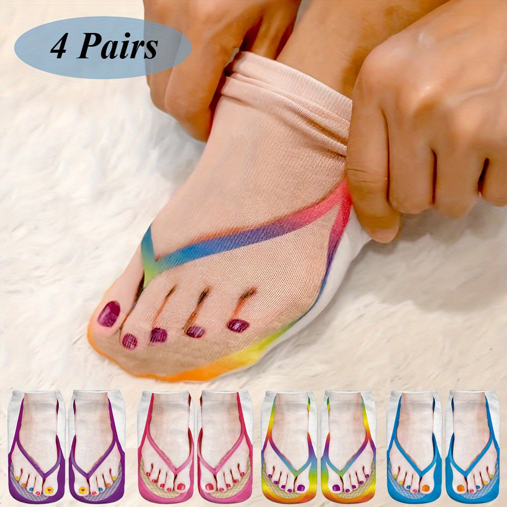 TEMU 4 Pairs Fun And Cute Colored Socks For Women, Soft And Stretchy For A , With 3d Nail Polish Prints - Suitable For Everyday Casual Wear At Home,