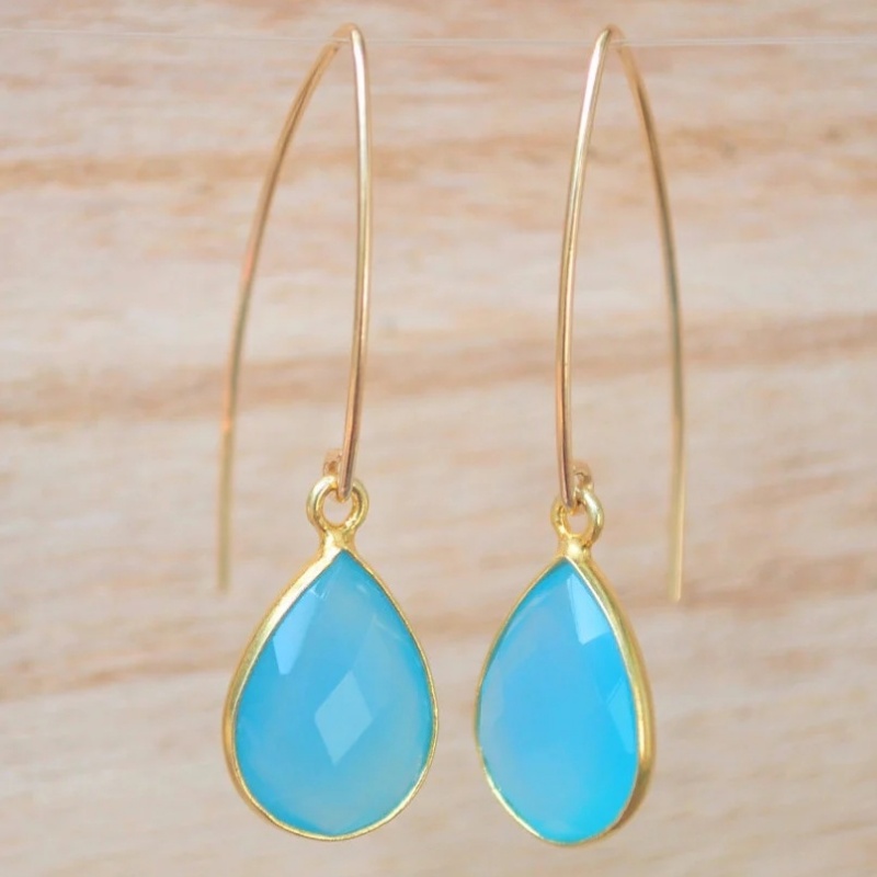 Golden Hook Long Teardrop Blue Resin Dangle Earrings, Elegant Gift