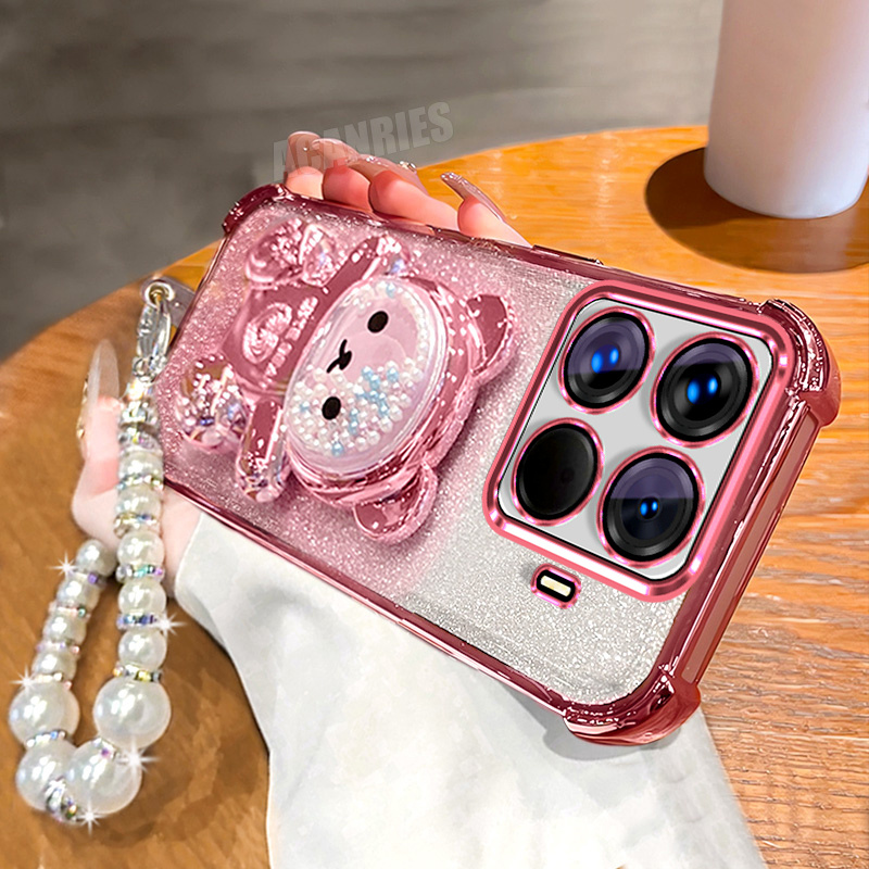 TEMU para Teléfono - 1 Soporte Plegable con Oso de Cuentas de Arena Plateadas + 1 Correa de Muñeca con Cadena de Perlas + 1 Antigolpes con Degradado