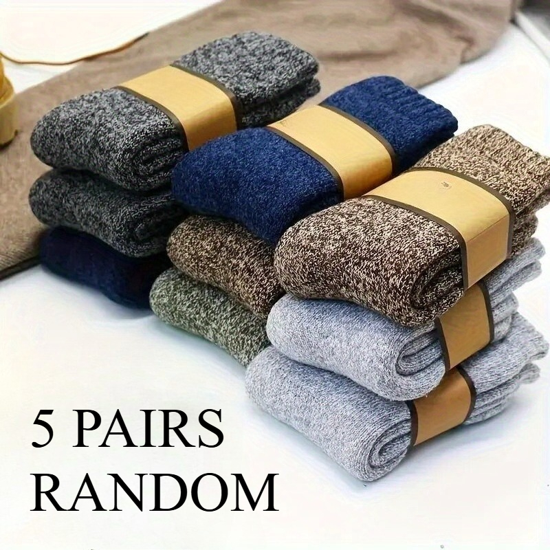 TEMU Random 5 Pairs Men's Thick Socks, Comfortable Solid Color Mid-calf Winter Socks, Soft And Warm, Suitable For Casual Or Cold Weather
