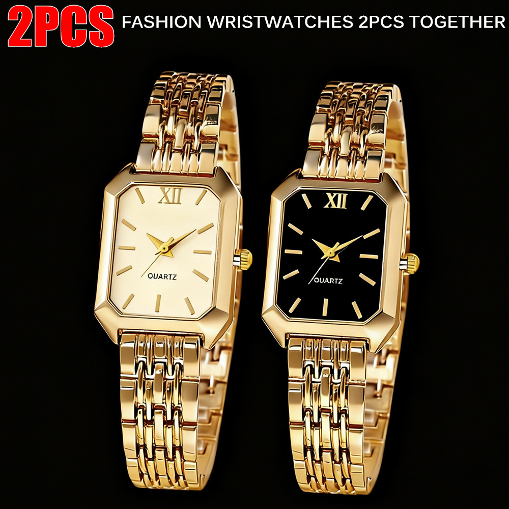 TEMU 2pcs Elegant Luxurious Gold-tone Women's Watch Set | Casual Rectangular-dial Wrist Watches With Stainless Steel And Band, Non, Shock-resistant, For Women