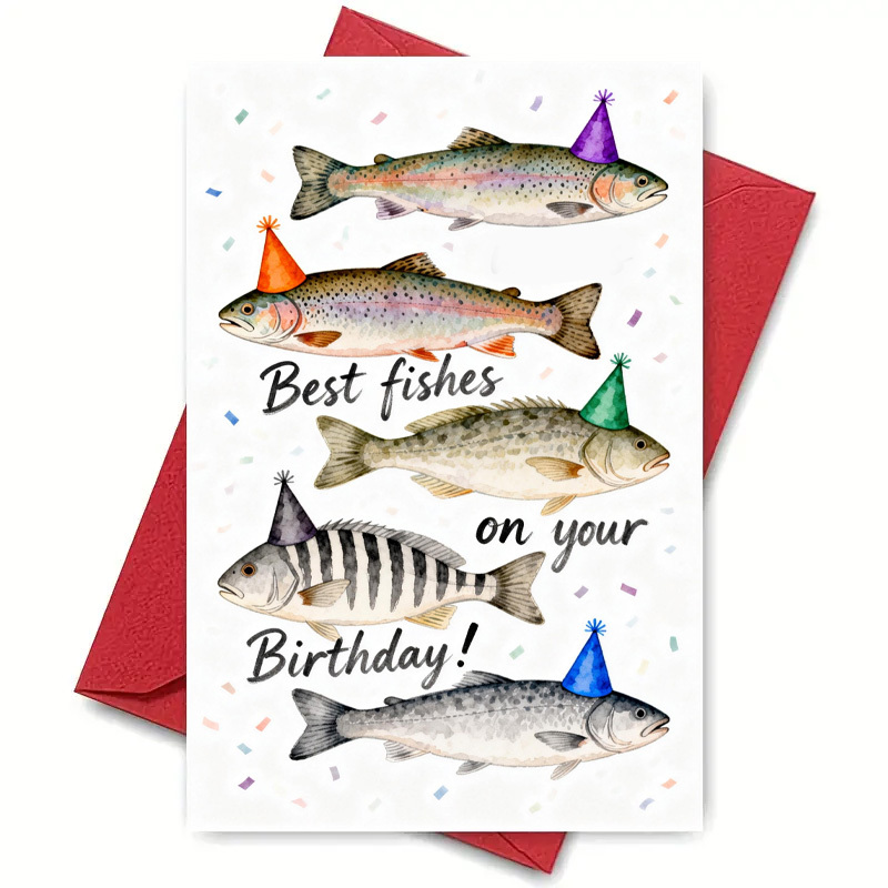 Image of 1-pack Watercolor Fish Birthday Card, Featuring A Fun "best Fis" Pun, Suitable As A Birthday Greeting Card For Fishing Enthusiast . Includes An Envelope. A Gift For Who Love Fishing
