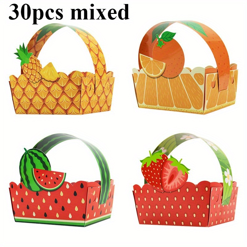 30pcs fruit print paper gift basket set with handles summer floral blue   birthday party favor packaging boxes