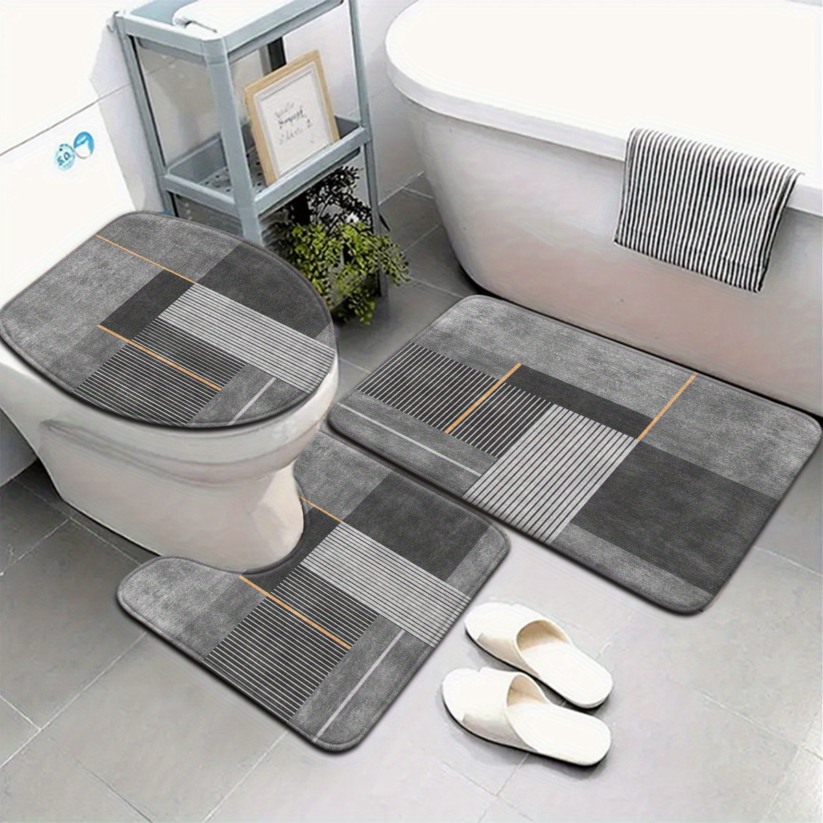 3pcs/4pcs Gray Striped Pattern Bathroom Mat Set Toilet Lid Cover And Rug Bath Decor U-shaped Foot Mats