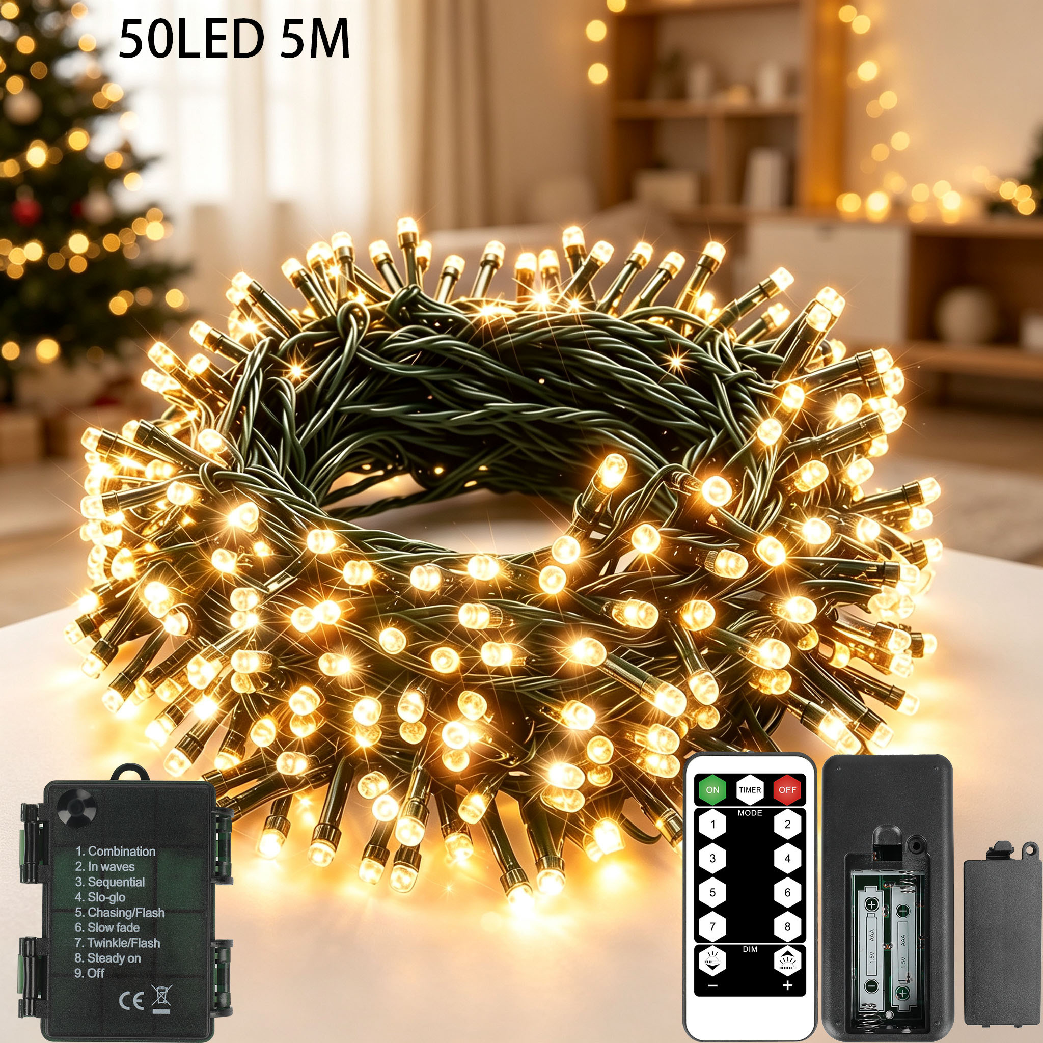 TEMU Batteriebetriebene Lichterkette, 50/100/200 Stück Lichterketten, betrieben mit AA-Batterien, mehrere Beleuchtungsmodi, mit Fernbedienung,
