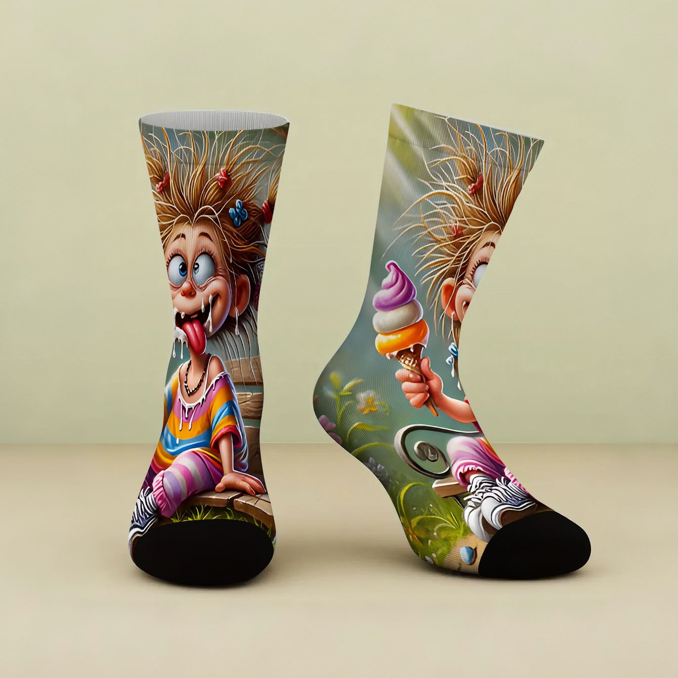 TEMU 1 par de calcetines divertidos estampados pantorrilla con una niña sentada en un taburete comiendo helado colorido. Calcetines de mujer de
