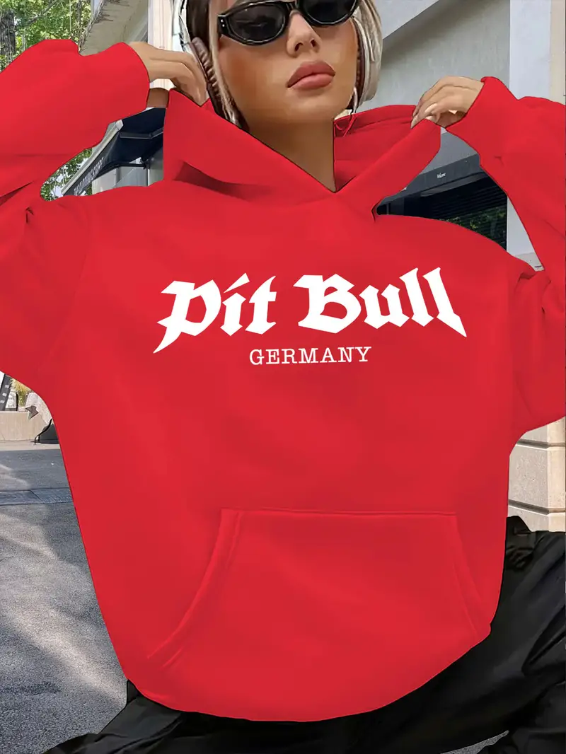 Red Women's Oversized Beige Hooded Sweatshirt with Pitbull Germany Graphic Print