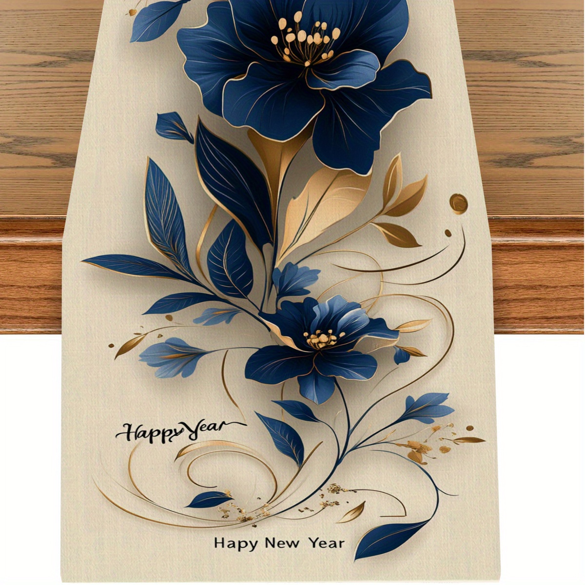 TEMU 1 Elegant Blue Floral Table Runner With Golden Accents - 100% Polyester, Rectangular Fabric Design With "happy New Year" Text For Thanksgiving, Family , Coffee Tables & Living Room Decor