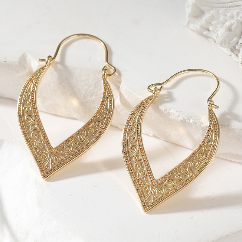 Image of Retro Texture Minimalist Golden Color Teardrop-shaped Hoop Earrings, Ethnic-style Earrings For Women, Suitable For Daily Wear, Casual And Vacations
