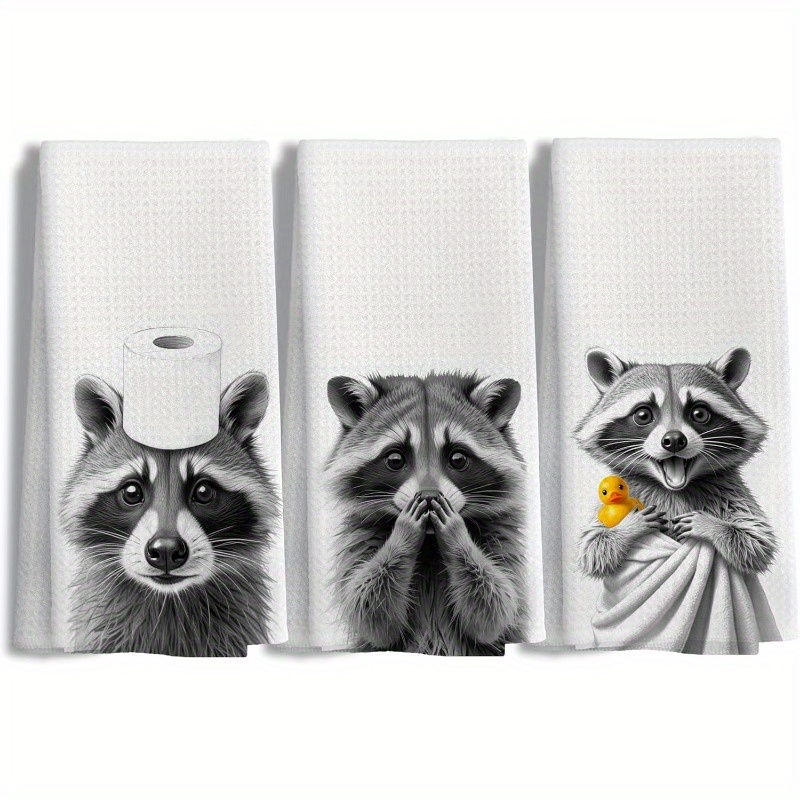 3pcs 18×26 Inch Funny Raccoon Gift Hand Towels For Bathroom Decor, Funny Kitchen Towels, Raccoon Lover Gifts, Bathroom Decor