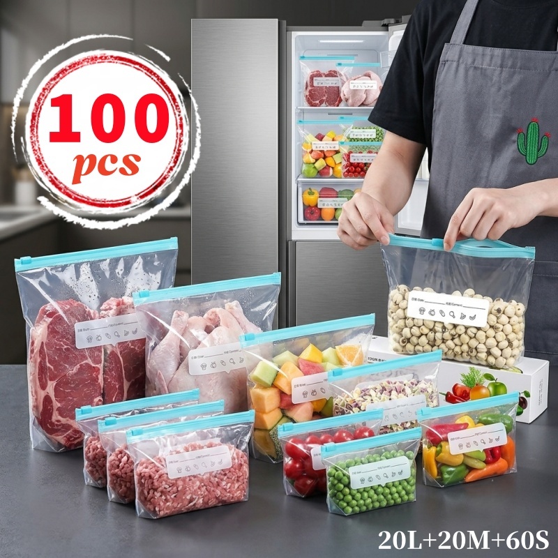 TEMU Lot de 100 sacs de conservation réutilisables pour réfrigérateur en trois tailles, sacs de cuisine essentiels à fermeture éclair, sacs de